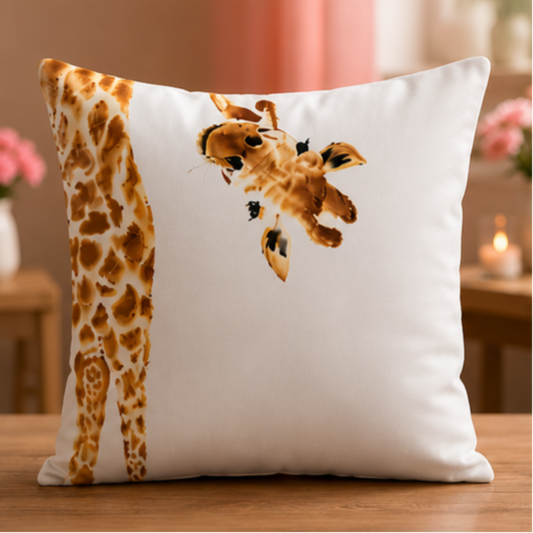 Minimal giraffe cushion cover with watercolor animal illustration on white decorative pillow