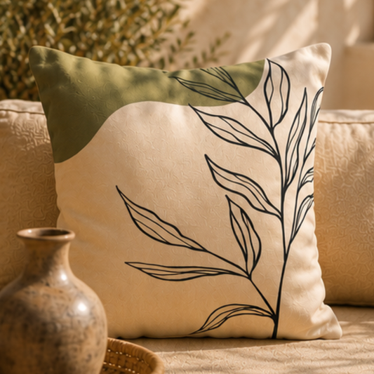 Minimalist cushion cover with black leaf line art on beige background with olive abstract shape