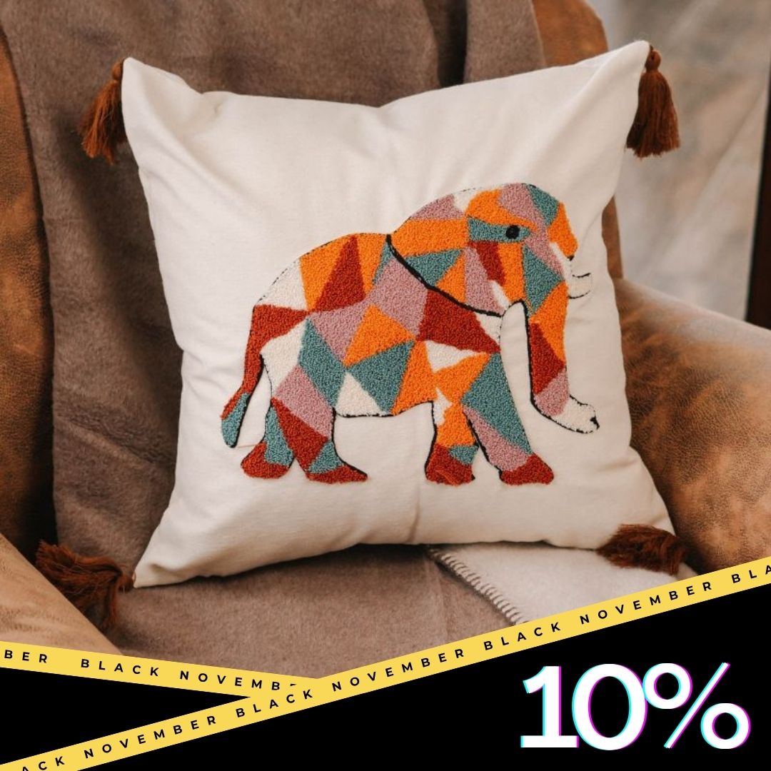 Geometric Elephant Embroidered Cushion Cover with Tassels – 43x43 cm