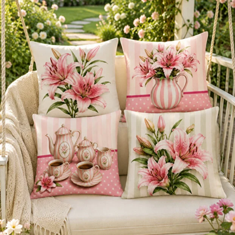 Set of four elegant blush pink decorative cushion covers featuring blooming lily bouquets, vintage tea set illustrations, striped ceramic vases, and soft pastel patterns displayed on a cozy cream sofa.