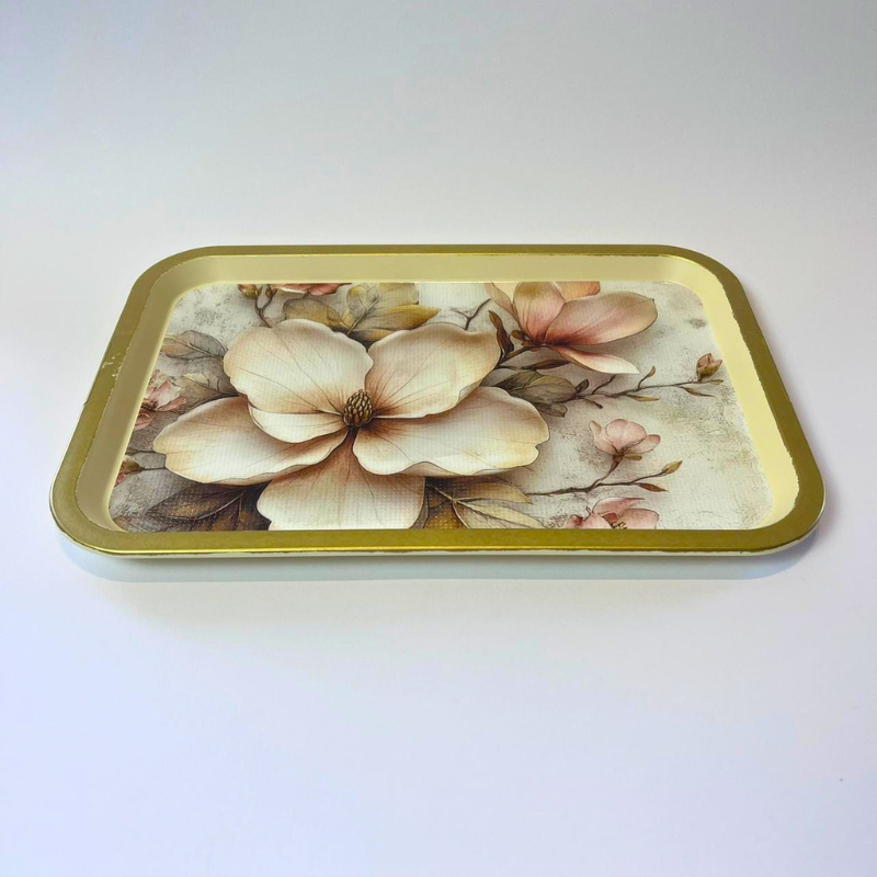 Rectangular serving tray with vintage cream and blush floral design and gold-toned border
