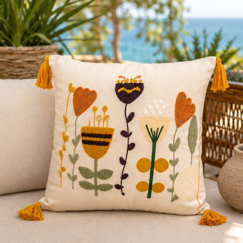 A square cream throw pillow with embroidered floral motifs in mustard yellow, orange, green, and dark purple, finished with yellow tassels on all sides, styled on a beige sofa with a blurred outdoor background.