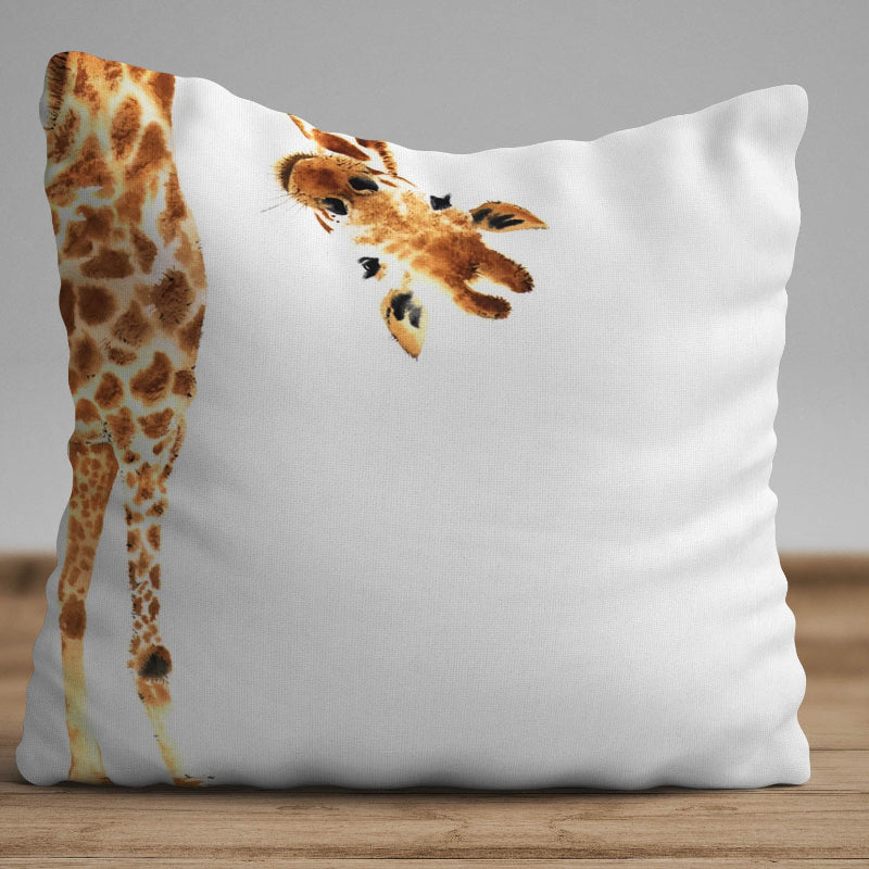 Minimal giraffe cushion cover with watercolor animal illustration on white decorative pillow