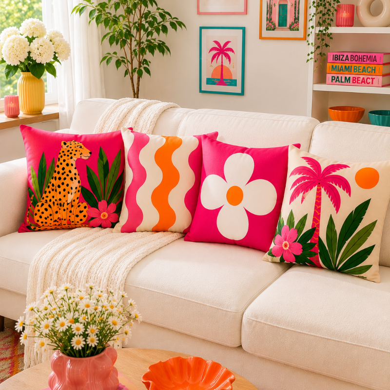 Set of four vibrant tropical decorative cushion covers featuring a cheetah illustration, abstract coral waves, bold white floral artwork, and a palm tree design displayed on a modern white sofa in a lush garden setting.