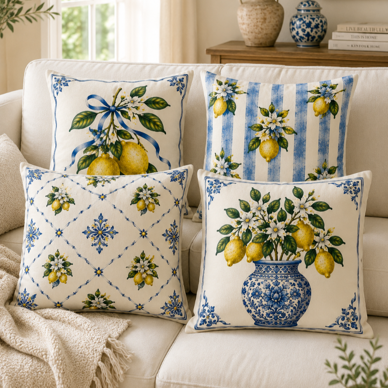 Set of four Mediterranean-inspired decorative cushion covers featuring lemons, citrus blossoms, blue ceramic vases, striped patterns, and traditional Italian tile motifs displayed on a neutral sofa.