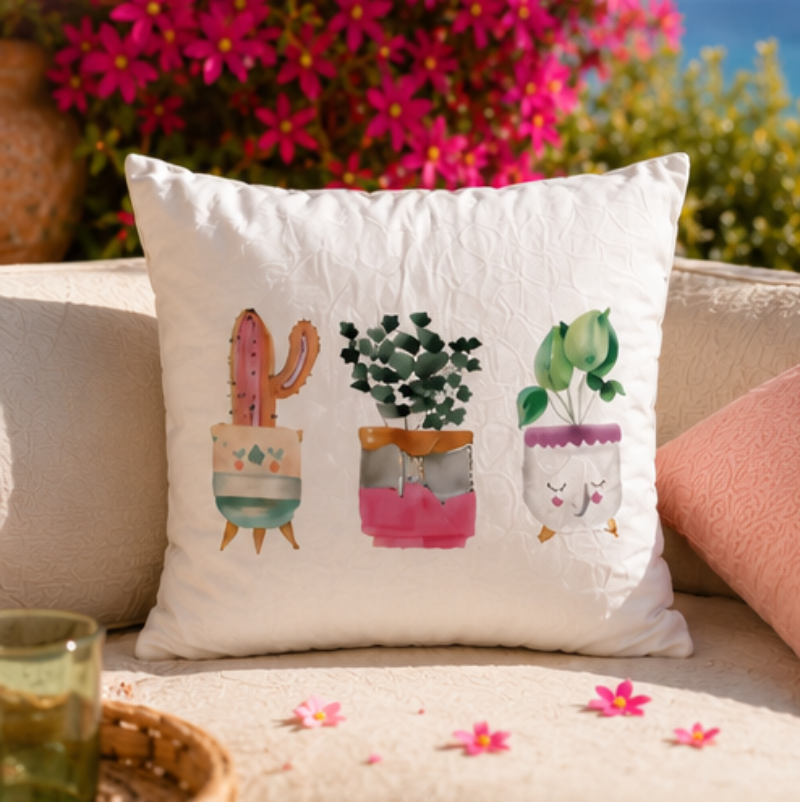 Cute watercolor cactus cushion cover with small potted plants on minimalist white decorative pillow