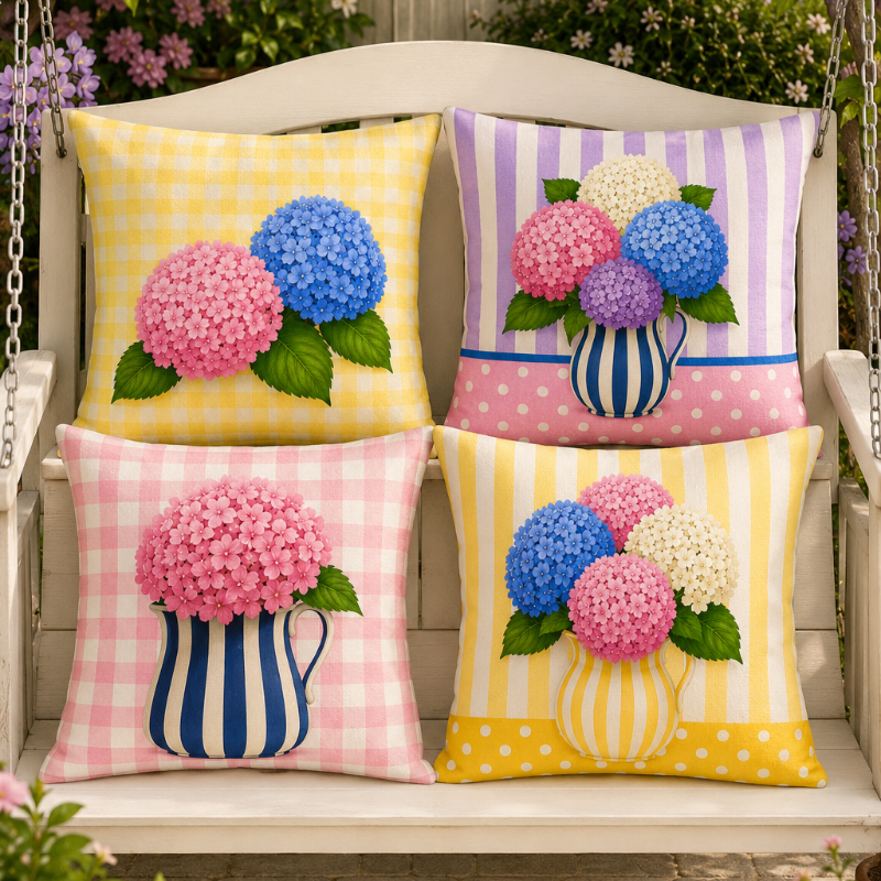 Set of four pastel hydrangea decorative cushion covers featuring floral bouquets, striped ceramic vases, gingham backgrounds, and soft yellow, pink, lavender, and blue accents displayed on a cozy armchair.