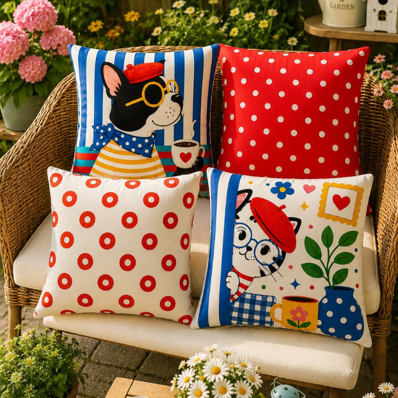 Set of four French café-inspired decorative cushion covers featuring playful animal illustrations with coordinating red and blue geometric patterns displayed on a cozy armchair.