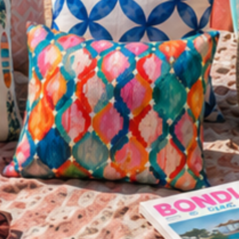 Colorful ikat pattern cushion cover with watercolor geometric design in teal, pink, and orange tones