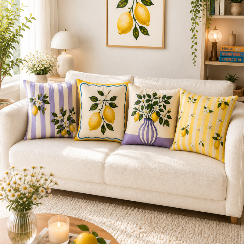 Set of four Mediterranean-inspired decorative cushion covers featuring lemons, citrus blossoms, elegant striped patterns, and a lavender ceramic vase displayed on a modern cream sofa.
