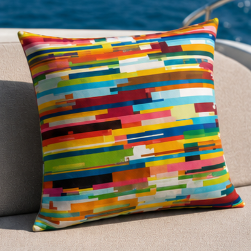 Abstract multicolor striped cushion with geometric horizontal pattern on modern decorative pillow