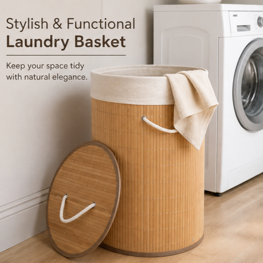A bamboo laundry basket with a natural beige fabric liner and white rope handles, shown with its lid leaning against it in a laundry room next to a white washing machine. Text on the left reads 'Stylish & Functional Laundry Basket'.