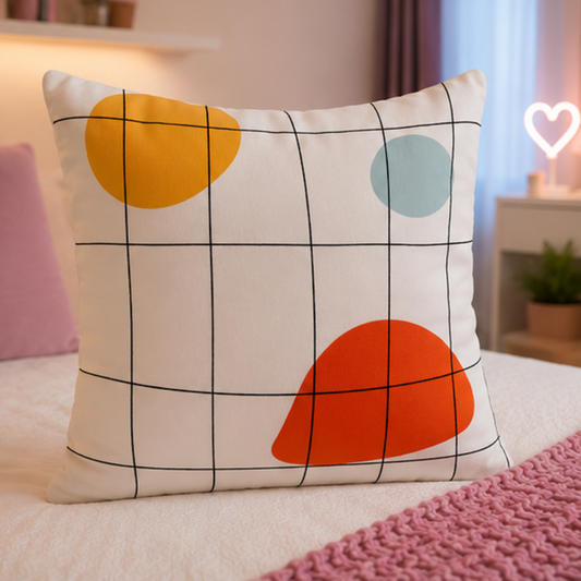 White cushion with black grid lines and abstract colored shapes in a modern geometric design