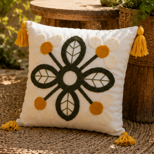 Handcrafted decorative throw pillow with floral embroidery featuring yellow flowers, green leaves, and yellow tassels
