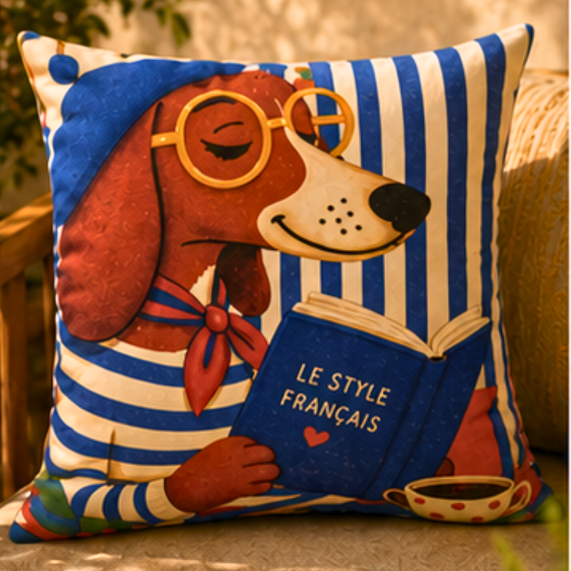 French-style beagle dog reading a book decorative cushion cover with blue striped design and coffee cup