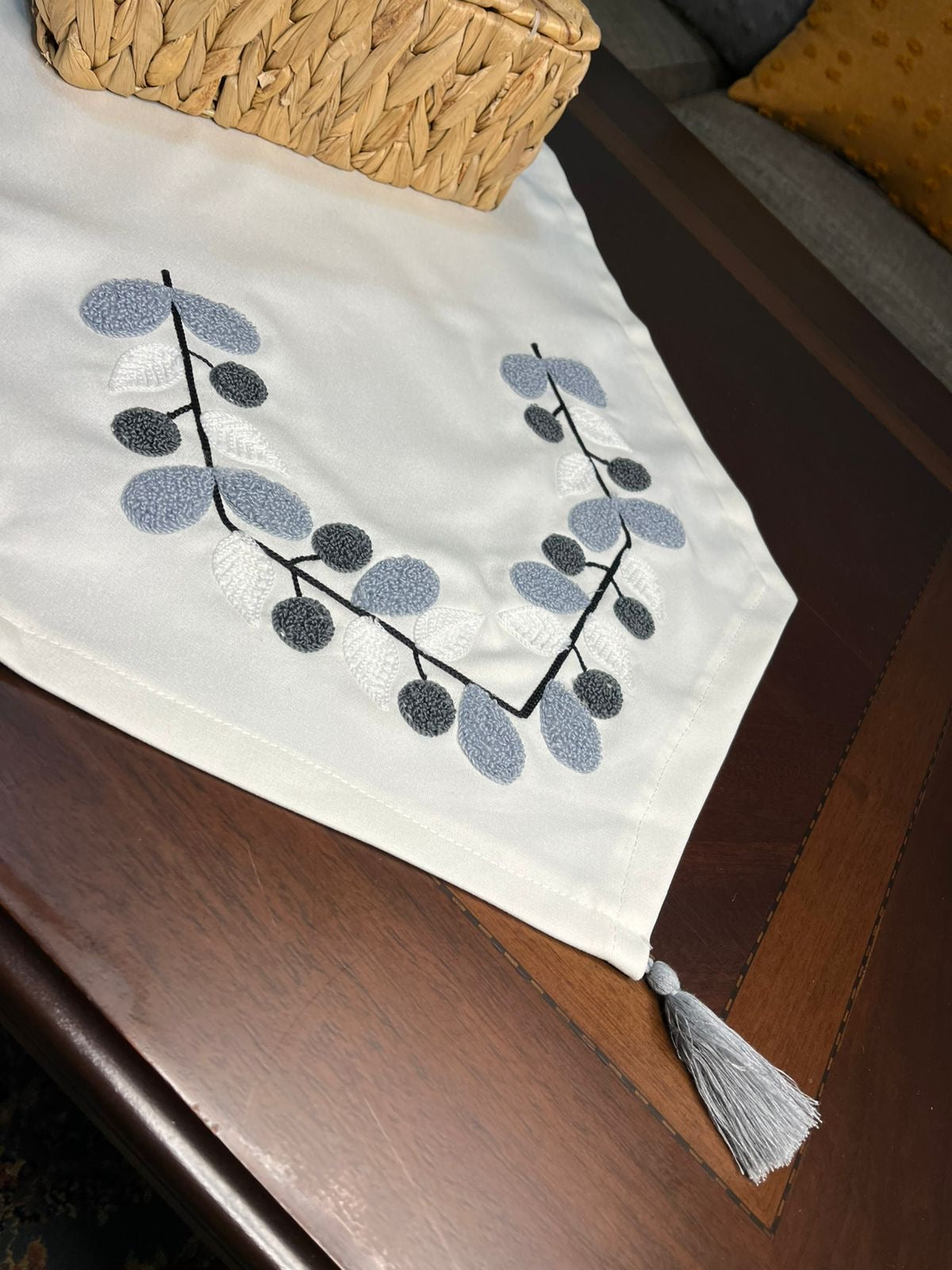 Embroidered Leaf Table Runner – Modern Neutral Dining Table Decor
