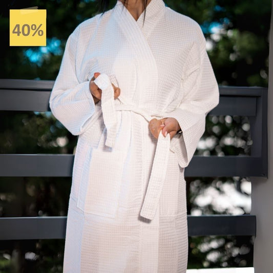 White Waffle Cotton Bathrobe – Lightweight Spa Robe