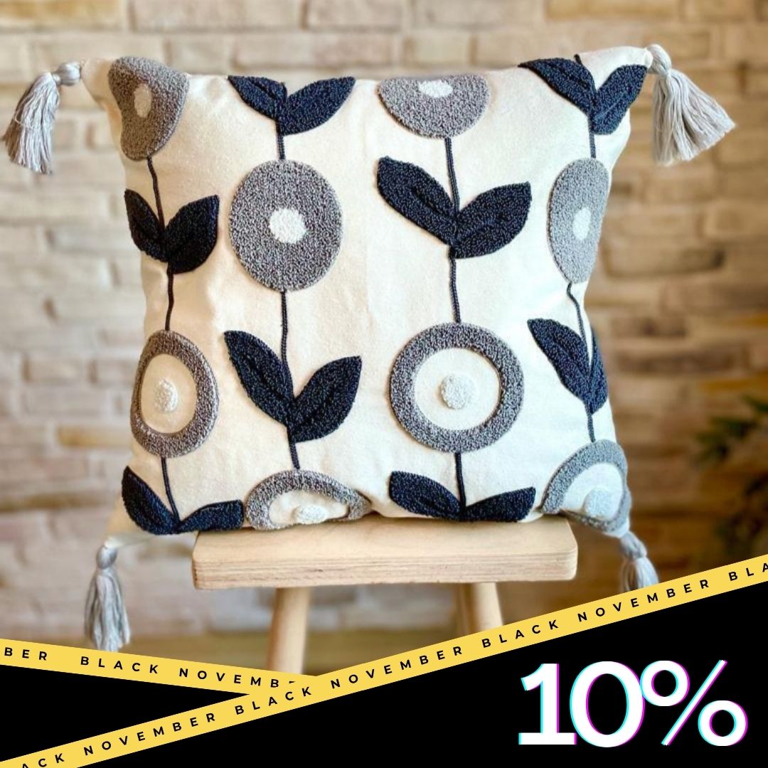 Nordic Bloom Embroidered Cushion Cover – Navy & Grey with Tassels 43x43 cm