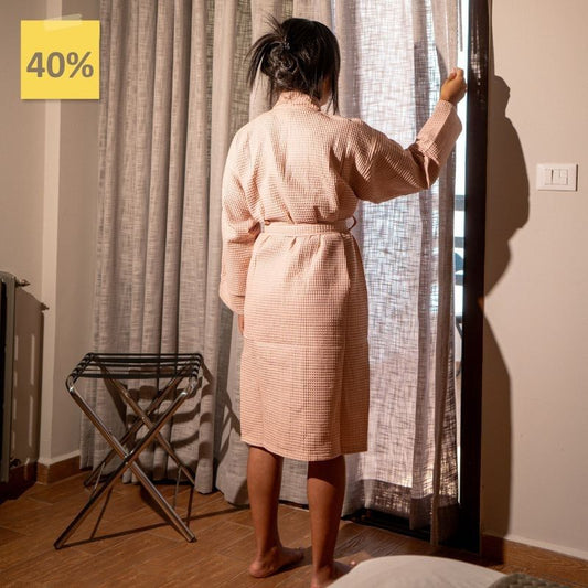 Pink Waffle Cotton Bathrobe – Lightweight Spa Robe