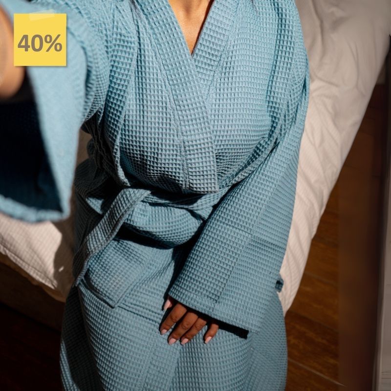 Blue Waffle Cotton Bathrobe – Lightweight Spa Robe