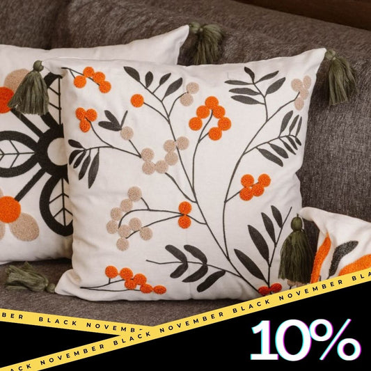 Folk Garden Collection – Botanical Embroidered Cushion Cover with Tassels – 43x43 cm