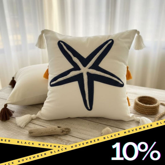 Nautical Starfish Embroidered Cushion Cover with Tassels – 43x43 cm