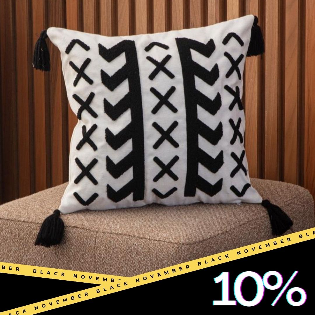 Tribal Collection – Square Arrow & Cross Embroidered Cushion Cover with Black Tassels – 43x43 cm