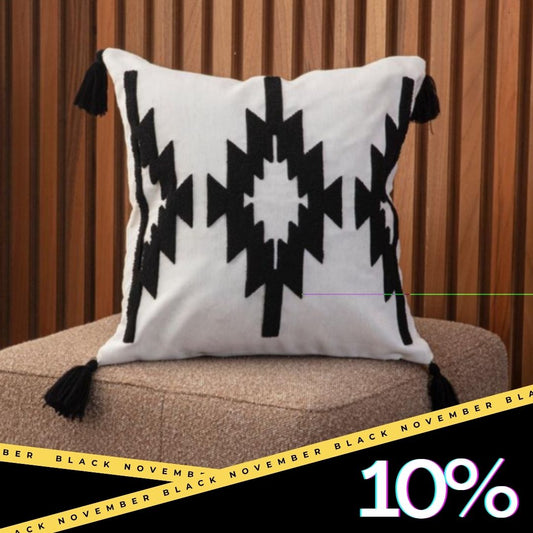 Tribal Collection – Square Diamond Tribal Embroidered Cushion Cover with Black Tassels – 43x43 cm