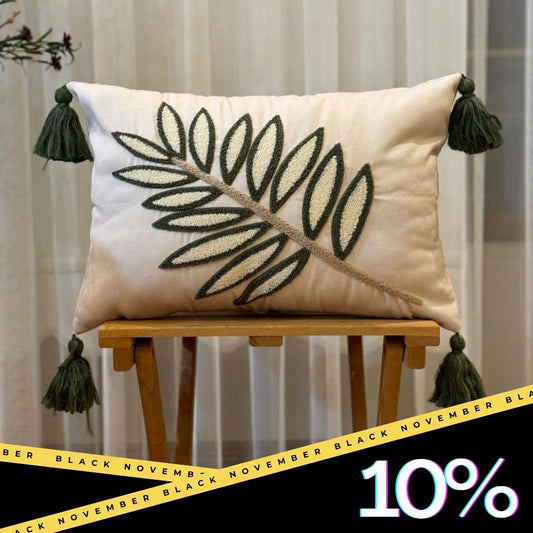 Evergreen Collection – Rectangular Palm Leaf Embroidered Cushion Cover with Green Tassels – 35x50 cm