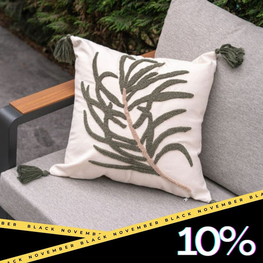 Evergreen Collection – Botanical Leaf Embroidered Cushion Cover with Green Tassels – 43x43 cm