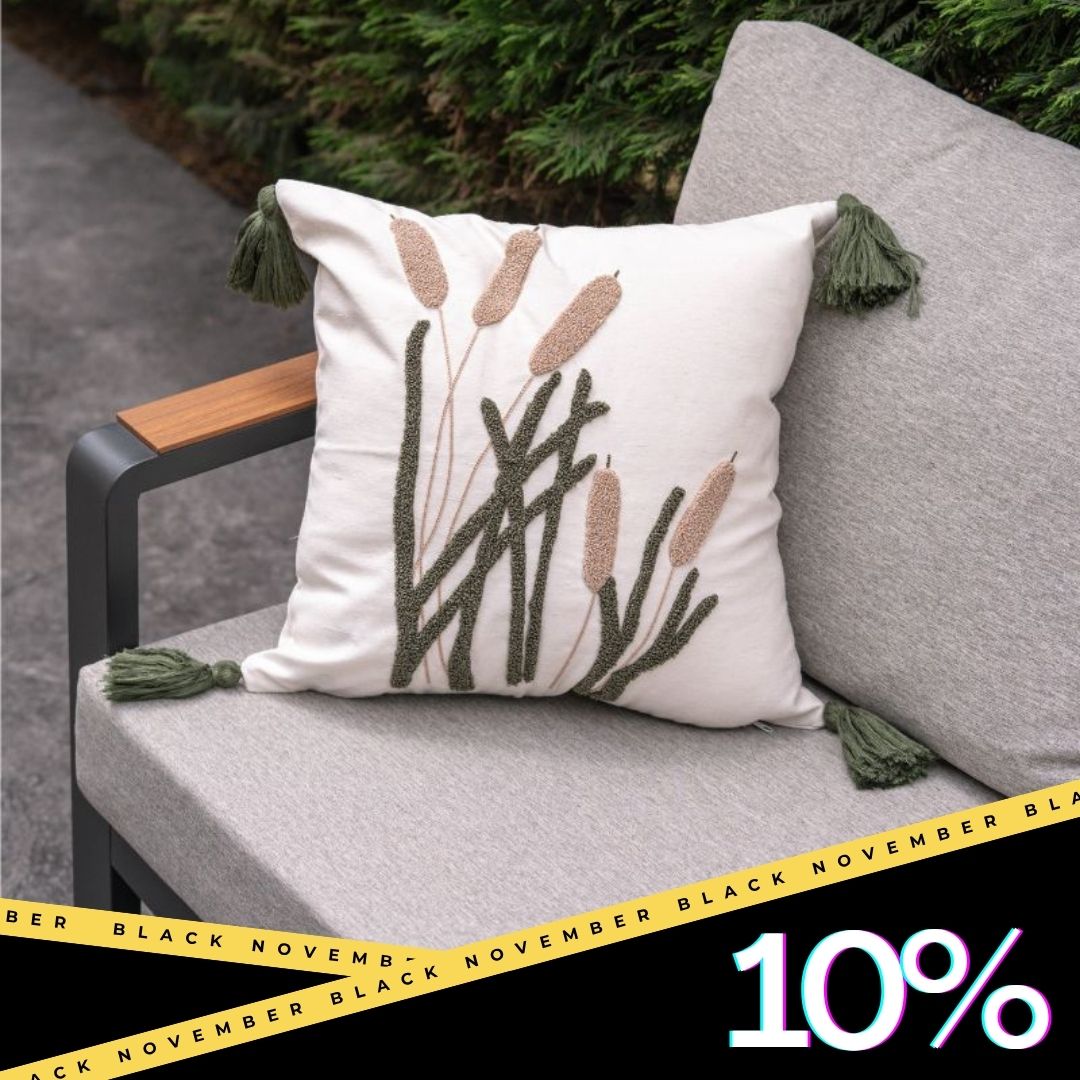 Evergreen Collection – Reed Embroidered Cushion Cover with Green Tassels – 43x43 cm