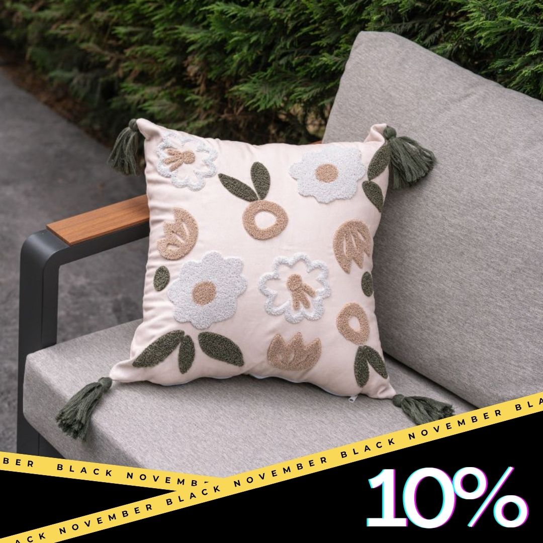 Evergreen Collection – Floral Embroidered Cushion Cover with Green Tassels – 43x43 cm