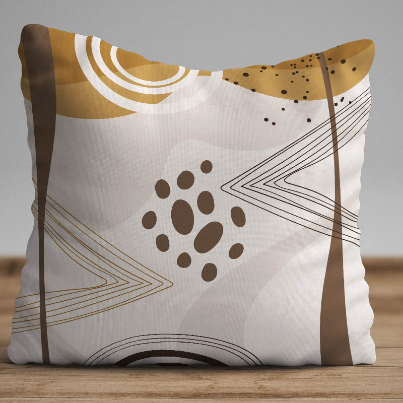 Abstract geometric cushion cover with brown, beige and mustard shapes and lines