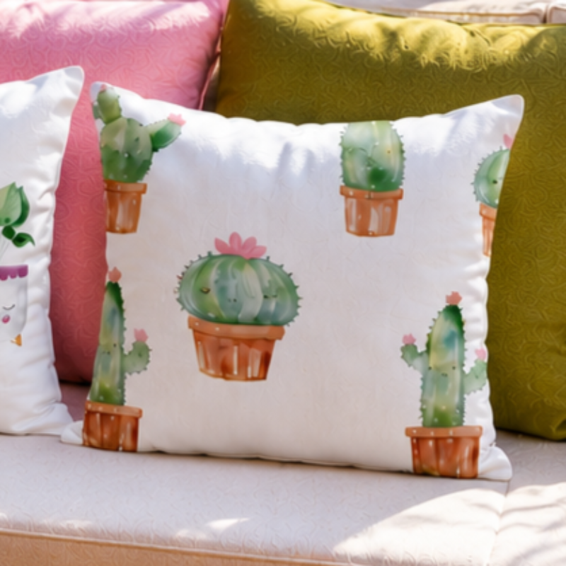 Cute watercolor cactus cushion cover with small potted plants on minimalist white decorative pillow