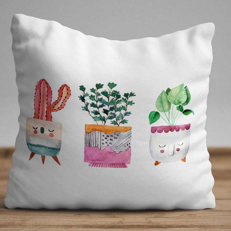 Cute plant face cushion cover with watercolor potted plant illustrations on a minimalist white decorative pillow