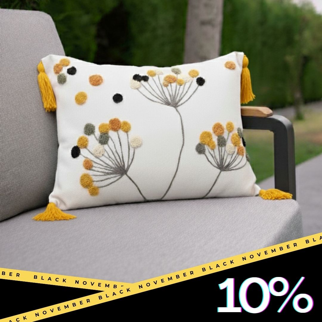 Wildflower collection - Rectangle bloom Embroidered Cushion with Golden Tassels