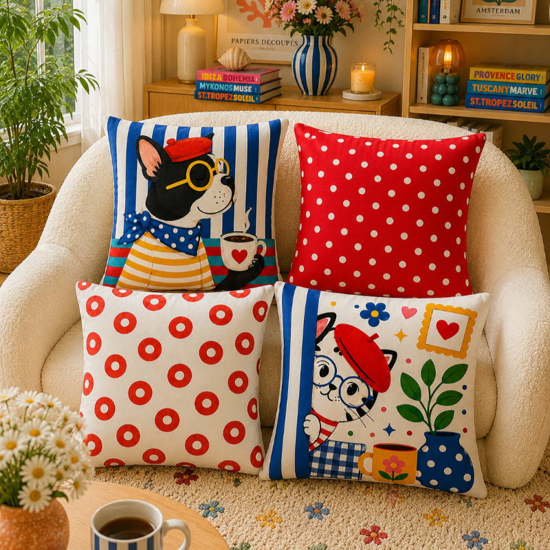 Set of four French café-inspired decorative cushion covers featuring playful animal illustrations with coordinating red and blue geometric patterns displayed on a cozy armchair.