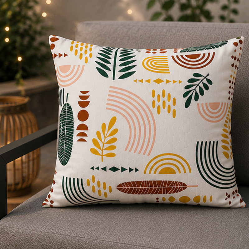 Modern abstract cushion cover with geometric shapes and earth tone colors on decorative pillow