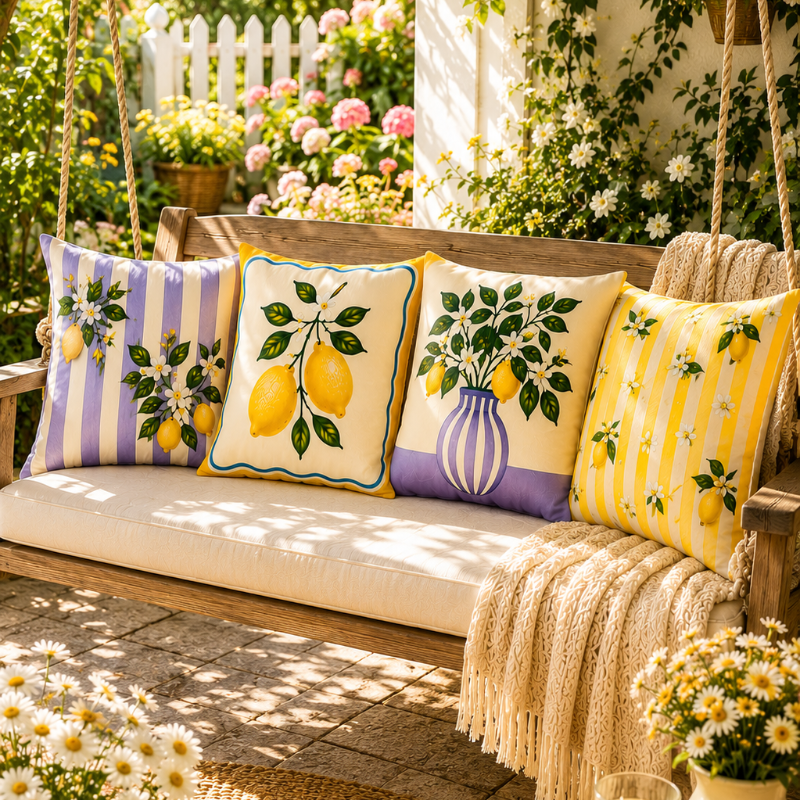 Set of four Mediterranean-inspired decorative cushion covers featuring lemons, citrus blossoms, elegant striped patterns, and a lavender ceramic vase displayed on a modern cream sofa.