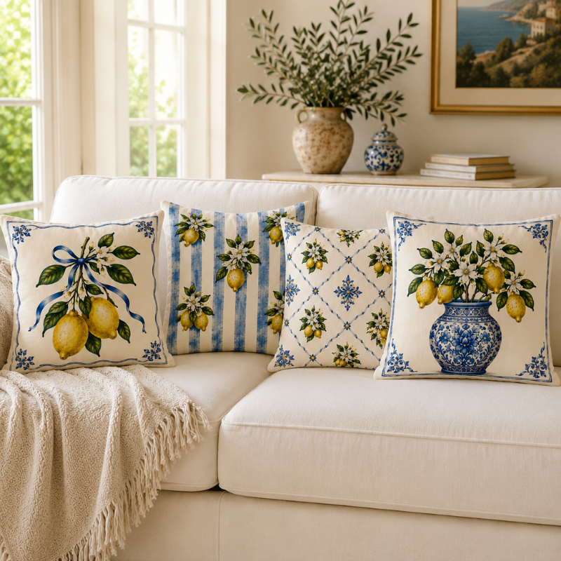 Set of four Mediterranean-inspired decorative cushion covers featuring lemons, citrus blossoms, blue ceramic vases, striped patterns, and traditional Italian tile motifs displayed on a neutral sofa.