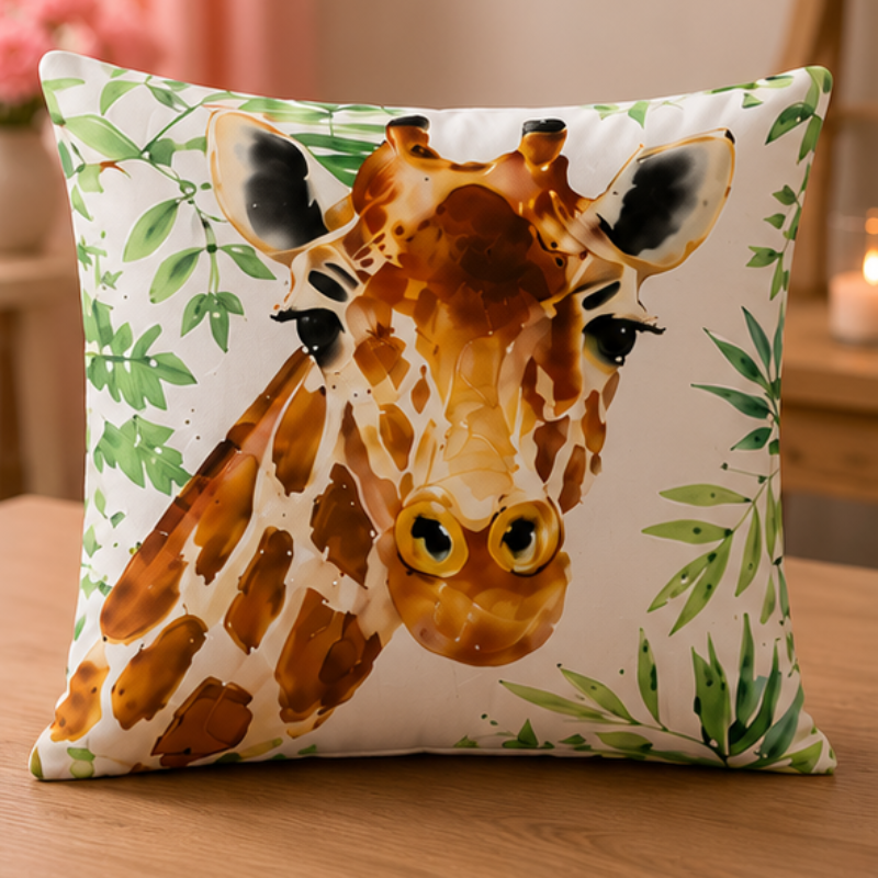 Watercolor giraffe cushion cover with botanical leaves on a decorative white pillow