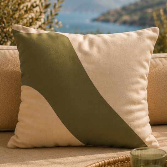 Minimalist cushion cover with olive green abstract geometric shape on a beige background