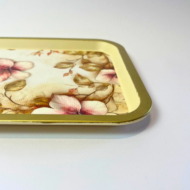 Rectangular serving tray with vintage pink floral design, botanical leaves, and gold-toned border