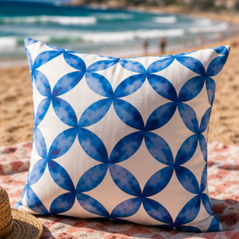 Colorful ikat pattern cushion cover with watercolor geometric design in teal, pink, and orange tones