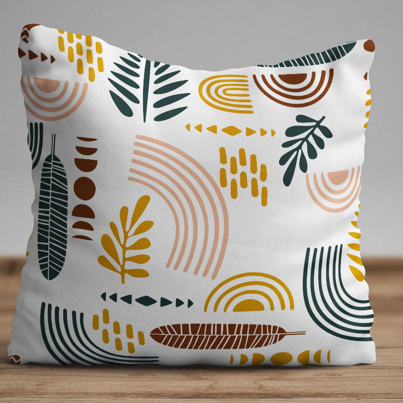 Modern abstract cushion cover with geometric shapes and earth tone colors on decorative pillow