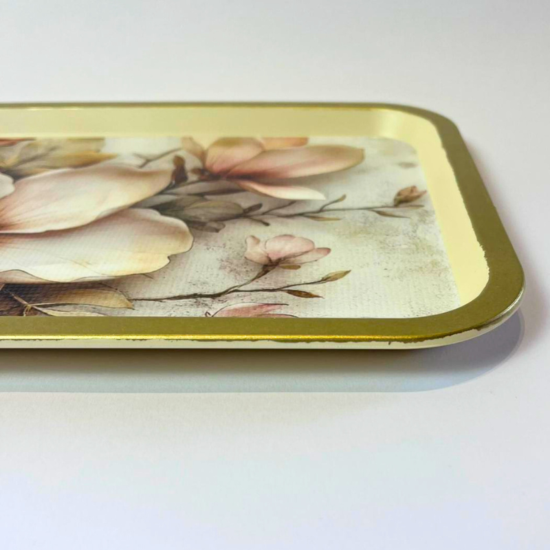 Rectangular serving tray with vintage cream and blush floral design and gold-toned border
