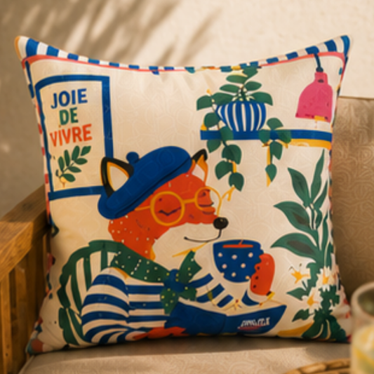 French-style fox wearing a blue beret and striped shirt reading a book while drinking coffee beside croissants and flowers on a decorative cushion cover