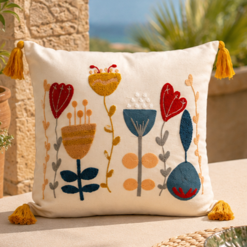 An off-white square throw pillow with embroidered colorful floral motifs and yellow tassels, styled on a beige outdoor sofa with plants and a stone wall in the background.