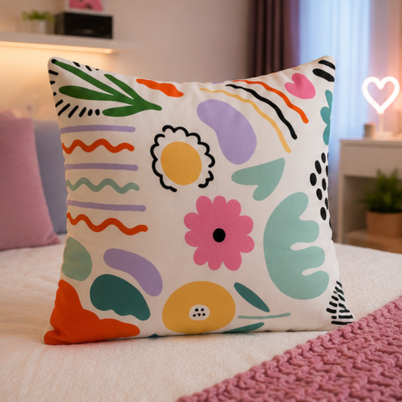 White cushion with colorful abstract shapes in a modern artistic pattern
