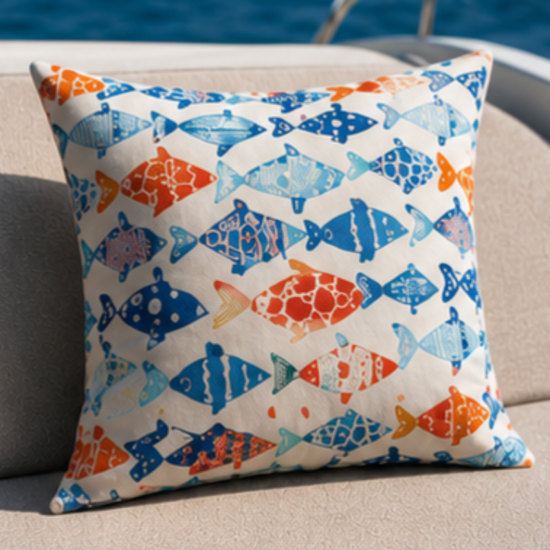 Colorful fish pattern cushion cover with blue and orange marine design on white decorative pillow